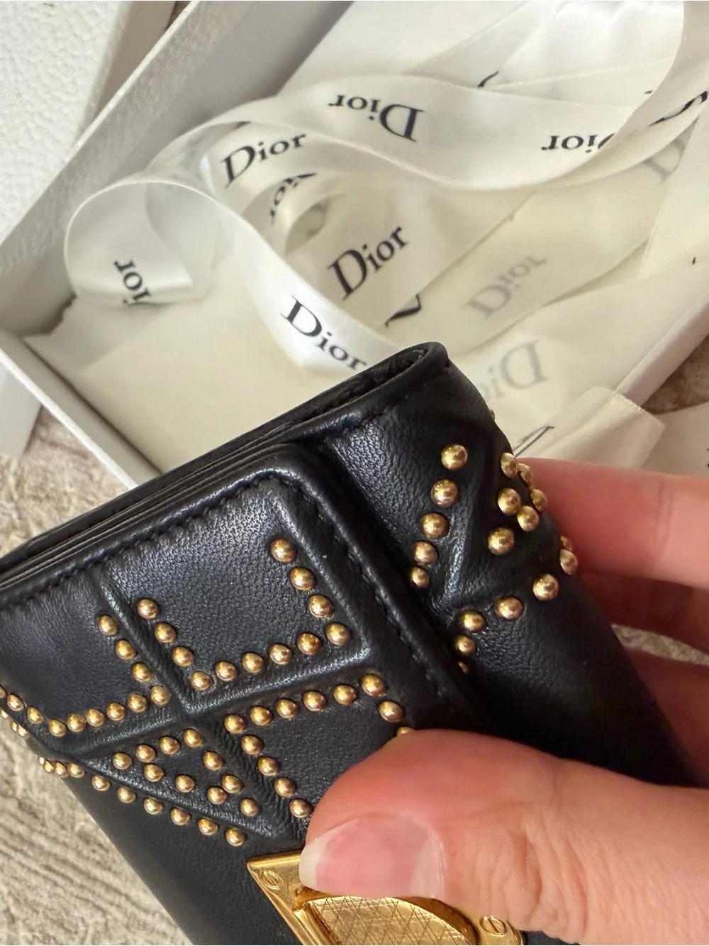 Authentic Dior Diorama Studded Black Leather Long Wallet w/ Box & Saks Receipt